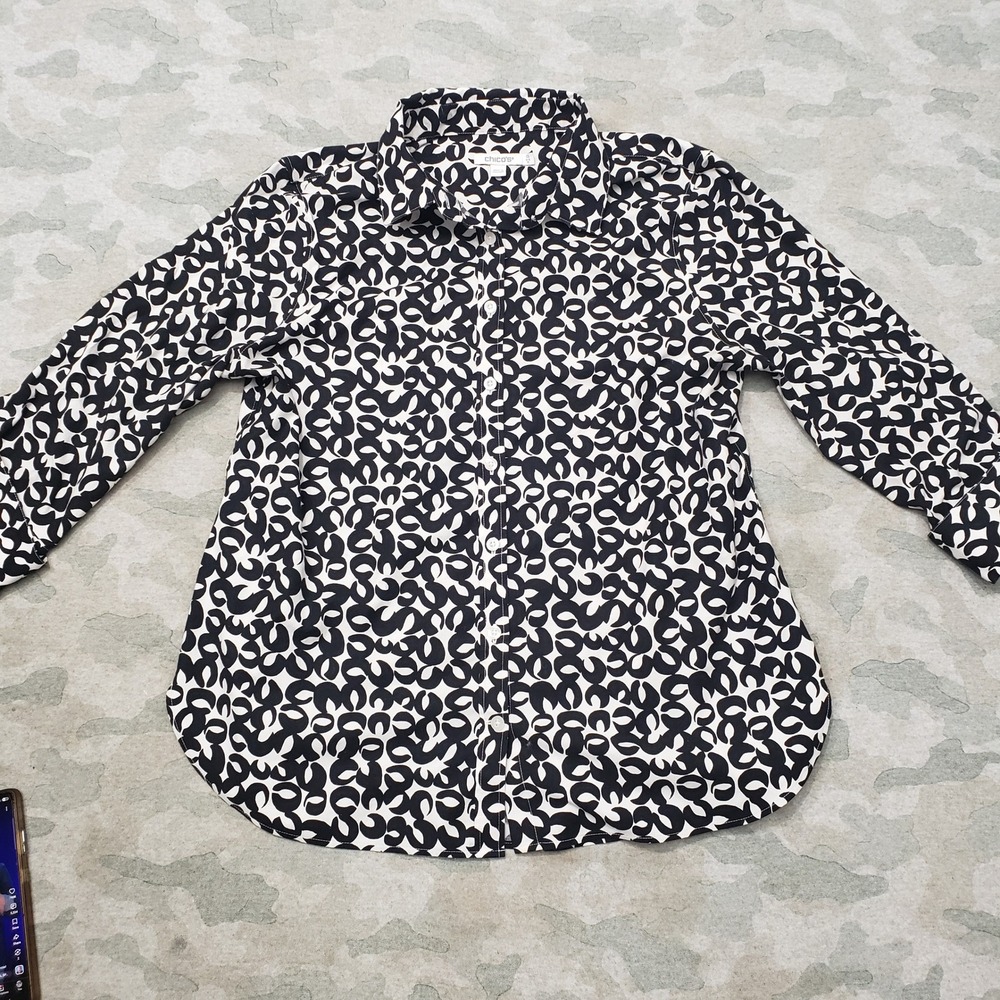Chico's Top Womens 10 Medium Black Abstract 3/4 Sleeve Button-Up